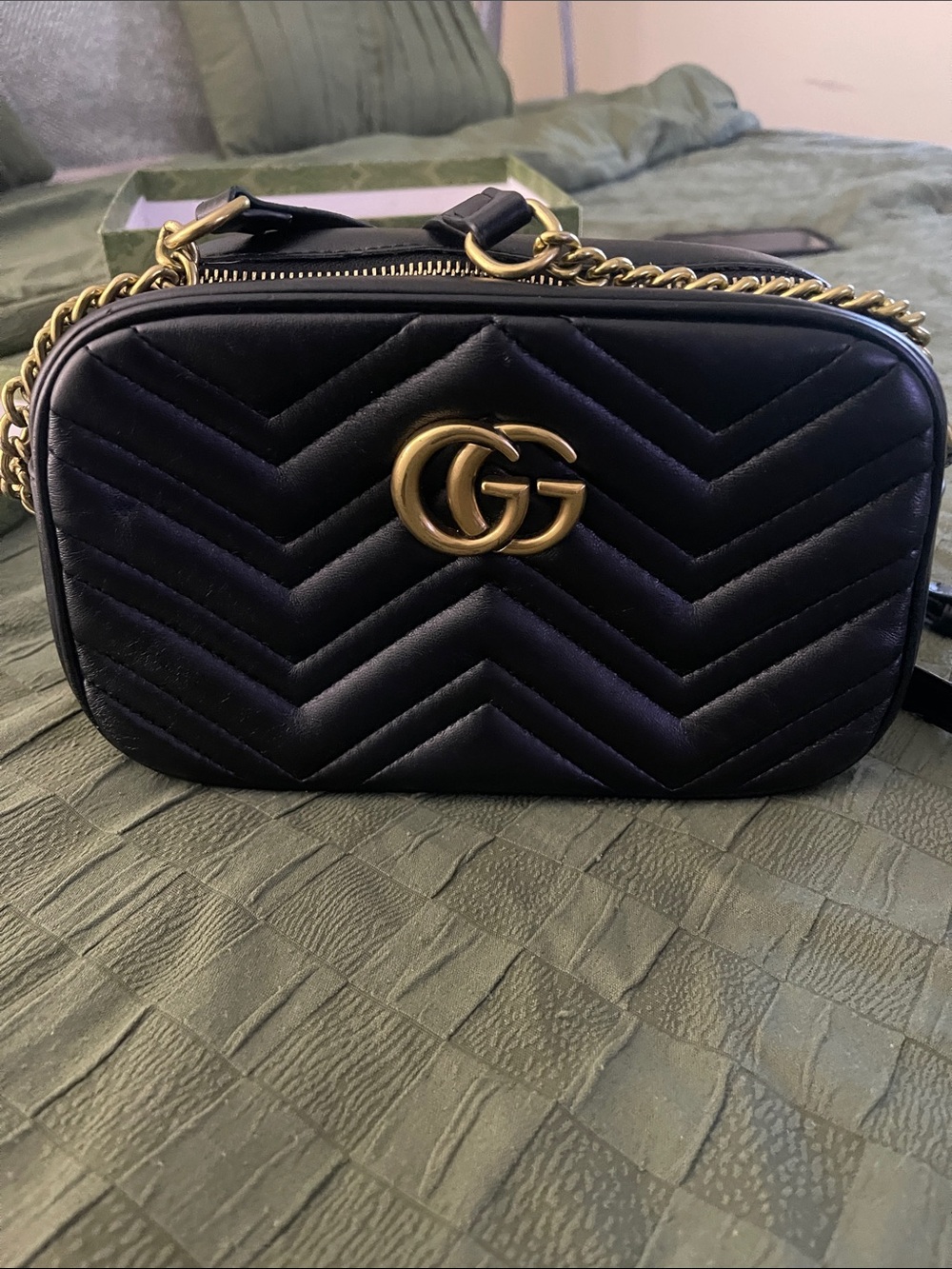 Chevron Quilted GG Marmont Camera Bag with Gold Hardware